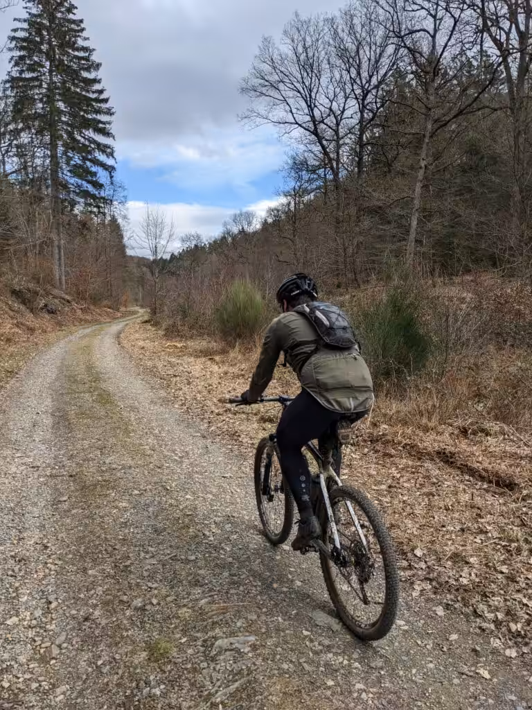 Mountainbiker op bosweg bij bewolkte lucht