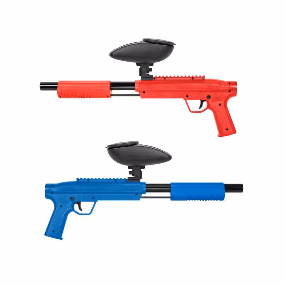 Twee paintballgeweren, één rood en één blauw.